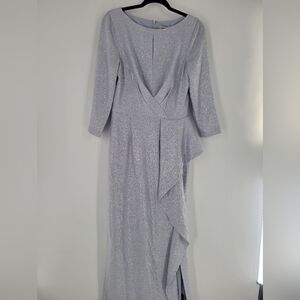 Teri Jon By Ricky Freeman Women’s Metallic Ruffle Gown Silver Size 10 New